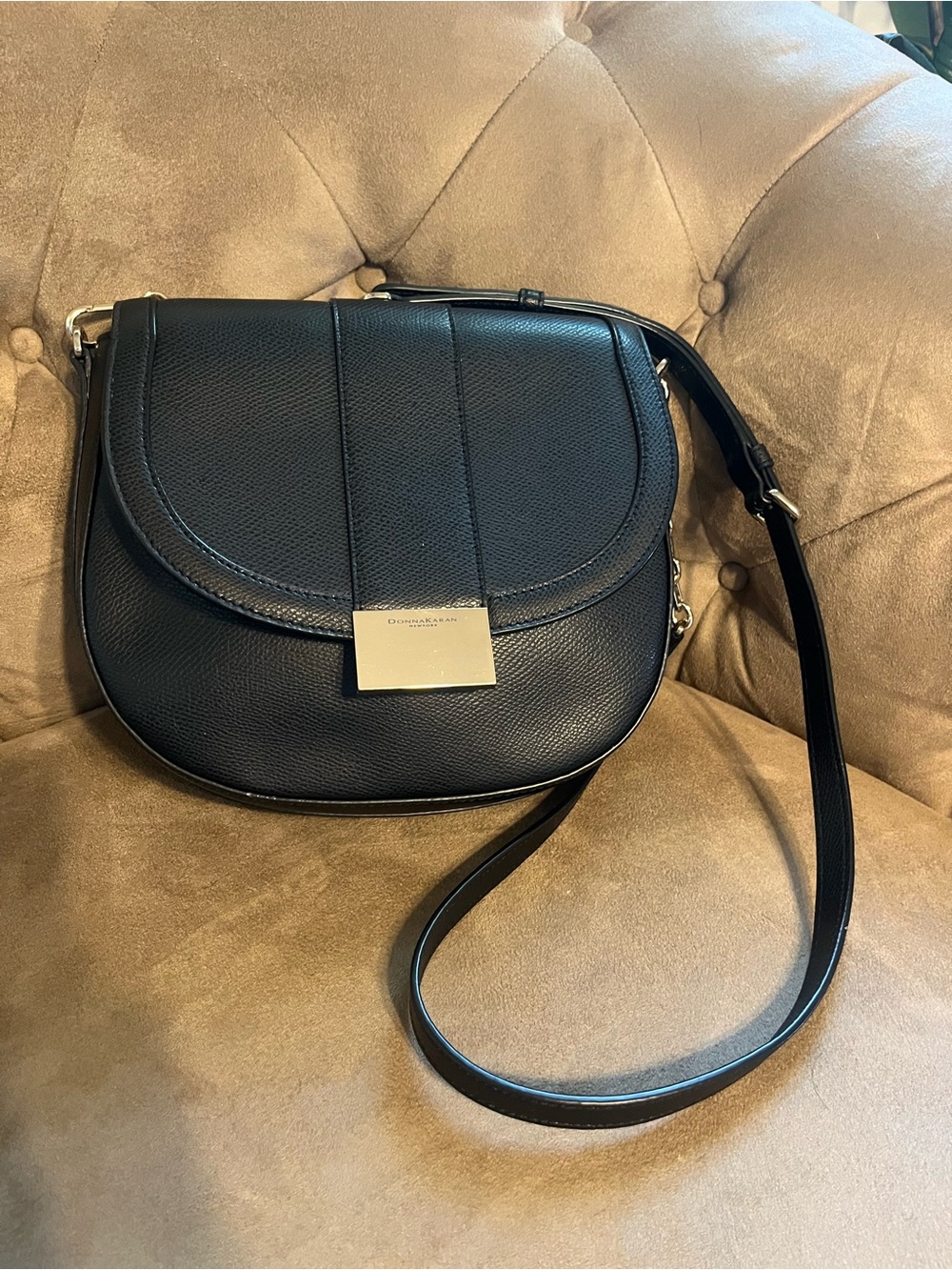 Donna Karan New York Black Leather Crossbody Saddle Bag Gold Hardware